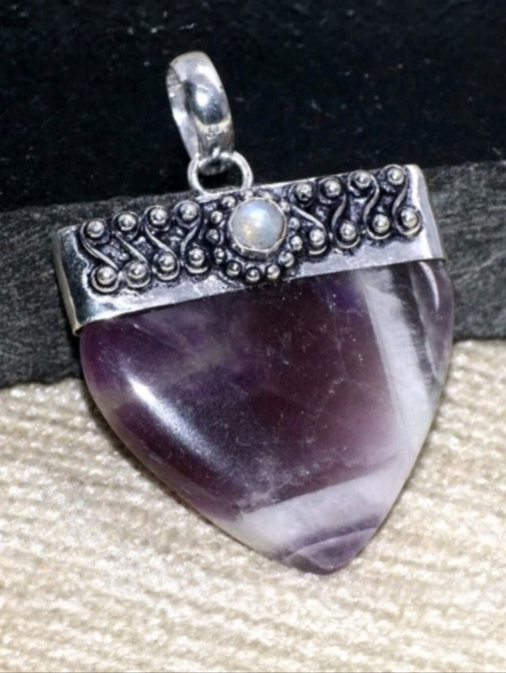 Chevron Amethyst, Moonstone Gemstone 925 Sterling Silver Cap Pendant Necklace